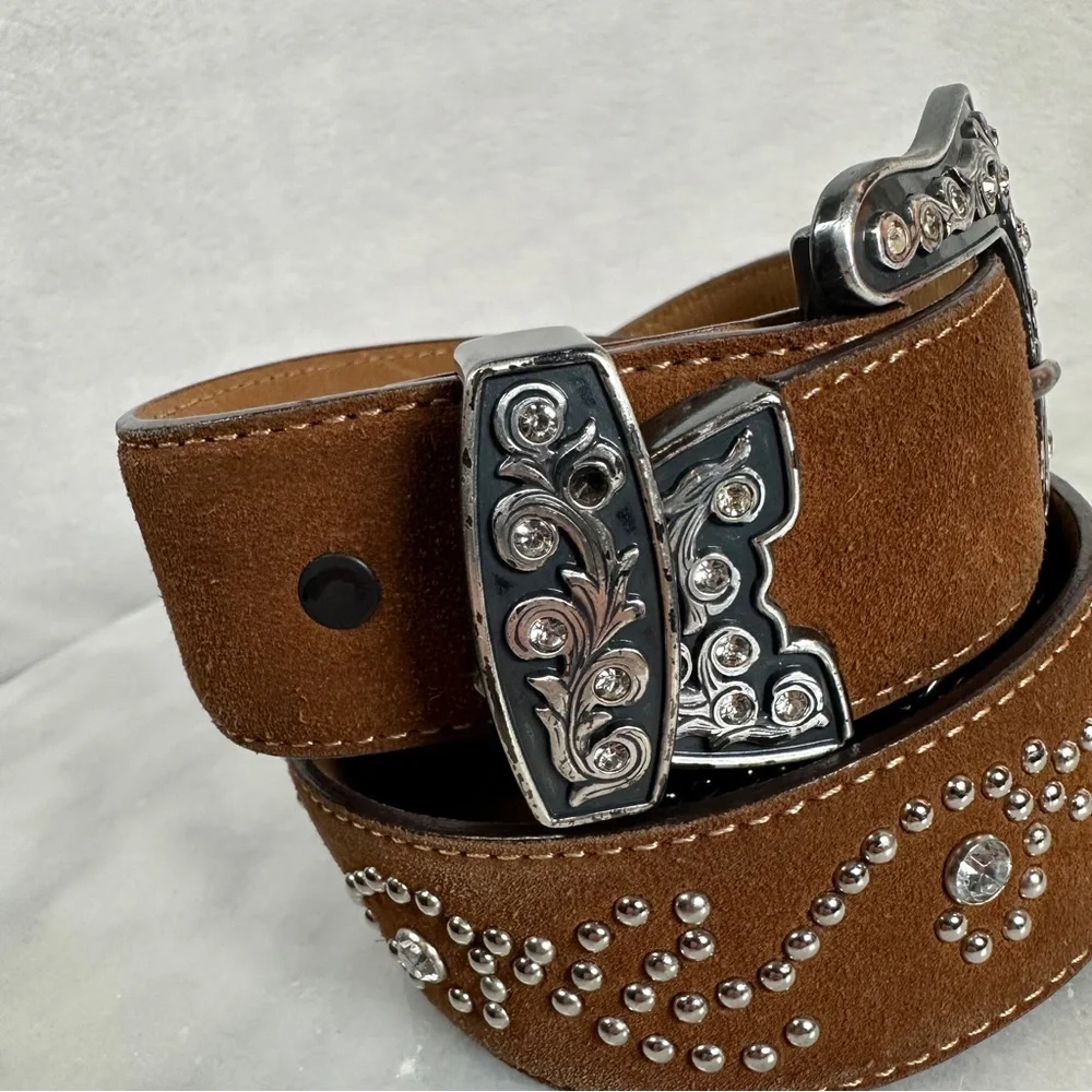 Justin‎ Rhinestone western belt dark brown leather suede silver cowgirl